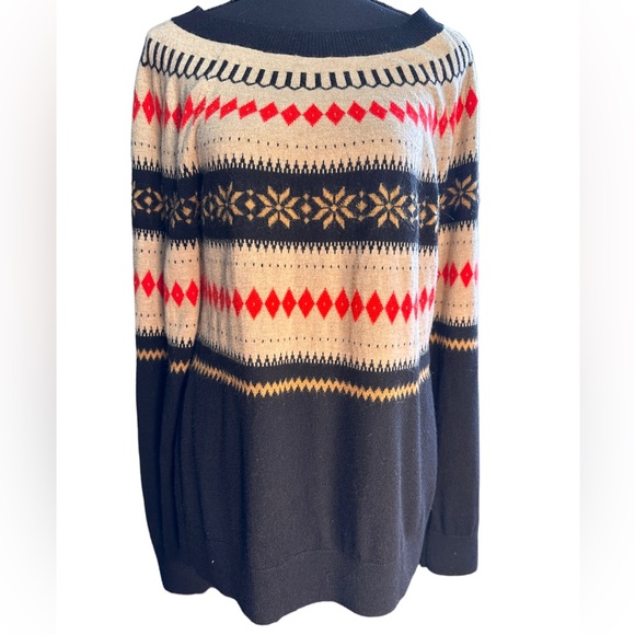 Talbots Black and Tan Wool Blend Boat Neck Fair Isle Sweater Size L - Picture 1 of 5